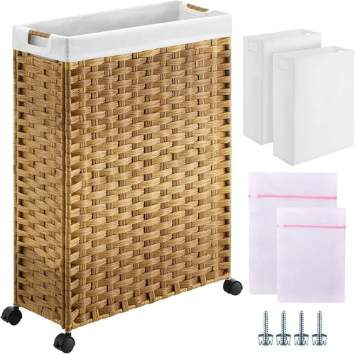 Greenstell Cesta para la ropa sucia con ruedas, cesta de lavandería delgada de 17.4 galones (66L) con 2 bolsas extraíbles y 2 bolsas de malla, cesta