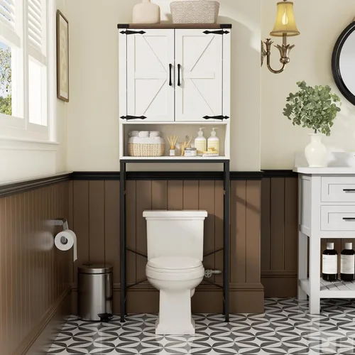 Gabinete de almacenamiento sobre el inodoro con puertas estilo granja y estante ajustable, organizador de baño alto con soporte de metal que ahorra