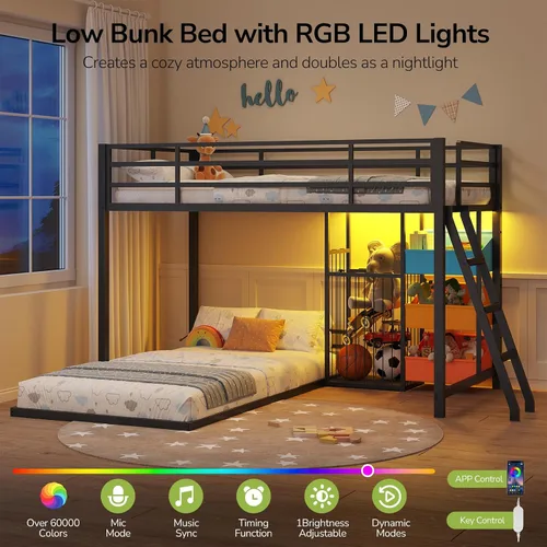 Miniatura 3 de Hasuit Litera baja individual sobre individual con organizador grande de almacenamiento de juguetes y 3 contenedores, luces LED, literas de suelo