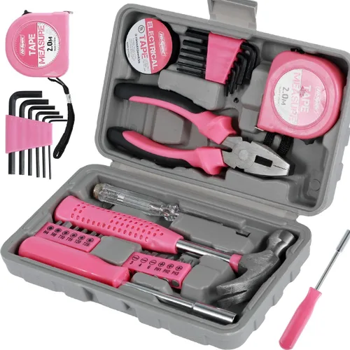 Kit de herramientas de bricolaje para el hogar de 24 piezas, color rosa, para mujeres, juego de mini caja de herramientas compacta con herramientas
