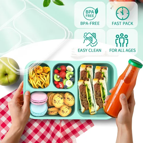 Miniatura 5 de Lonchera Bento – Paquete de 4 recipientes de preparación de comidas de 4 compartimentos, fiambrera para adultos, apta para microondas y lavavajillas