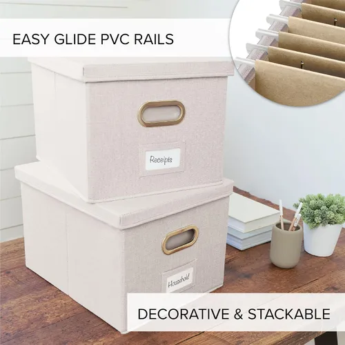 Miniatura 4 de ZICOTO Caja organizadora decorativa de archivos, juego de 2 archivadores plegables de lino con asas, perfectos para almacenar todos tus documentos