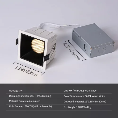 Miniatura 2 de Aisilan - Iluminación empotrable cuadrada, regulable de 7 W, 3 pulgadas, luces LED empotrables con caja de conexiones, luz LED descendente