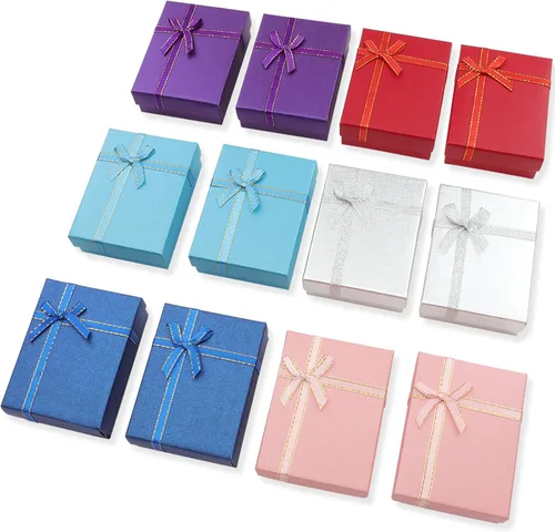 Paquete de 12 cajas de regalo de cartón para joyas, cajas de regalo vacías con tapas y lazos de cinta para exhibir aretes, collares, anillos,