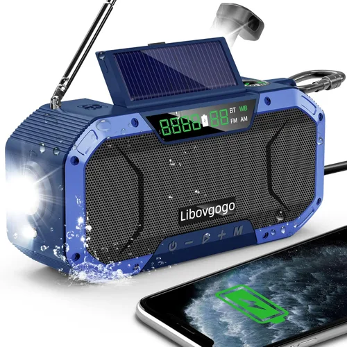 Radio solar de emergencia con manivela Bluetooth, impermeable, portátil, NOAA, meteorológica, radio AM FM, cargador de teléfono, linterna de viento,