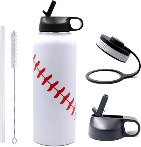 Miniatura 11 de Botella de agua de baloncesto de 12 onzas, botella de agua deportiva aislada al vacío de acero inoxidable con popote y 2 tapas, botella de agua