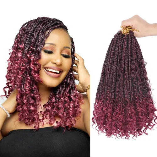Miniatura 84 de Goddess Box Braids - Trenzas de cabello a ganchillo con extremos rizados, trenzas de caja bohemianas de 16 pulgadas, trenzas de ganchillo, 8 1B-4-30