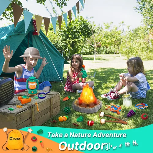 Miniatura 3 de Juguetes de campamento para niños, fogata de juguete, linterna, sombrero de safari, binoculares, botella, comida de juguete, malvaviscos, juego