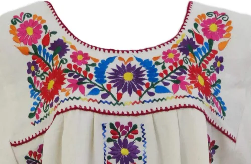 Miniatura 2 de Vestido bordado mexicano Bella Natural Beige Detalles florales bordados a mano Longitud por debajo de la rodilla 100% algodón de muselina