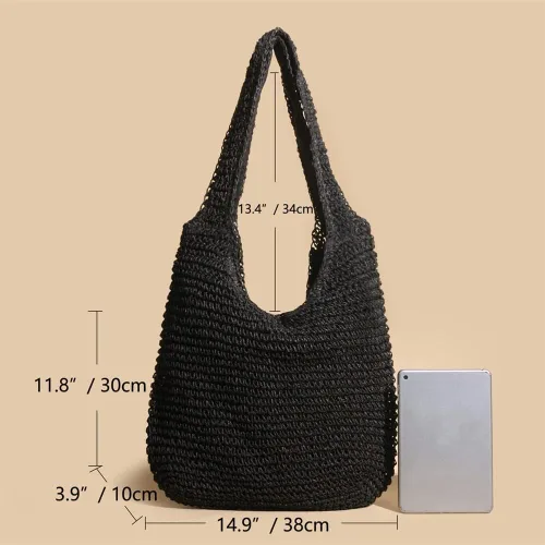 Miniatura 2 de QTKJ Bolso de hombro de paja suave y grande tejida a mano estilo bohemio, bolso de playa de verano retro (negro), Beige, Caqui, Negro, 15.3''x 24.4