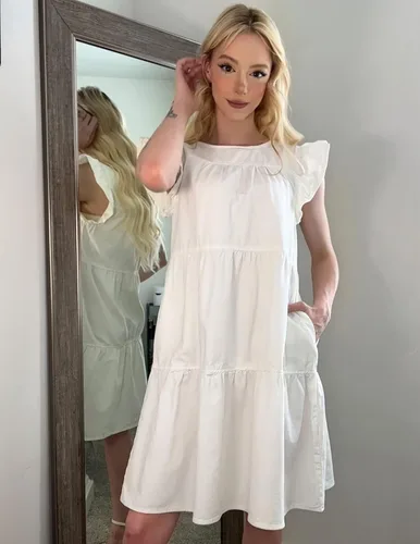 Miniatura 4 de luvamia Vestido de mezclilla 2025 para mujer, estilo babydoll de verano, sin mangas, manga con volantes, vestido plisado suelto con vuelo