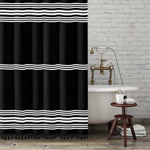 Miniatura 10 de Seasonwood Cortinas de ducha extralargas con borlas modernas en blanco y negro, impermeables, 72 x 96 pulgadas