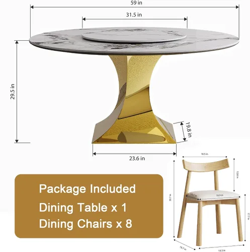 Miniatura 4 de Juego de mesa de comedor redonda de 9 piezas, moderna mesa de cocina de piedra sinterizada de 59 pulgadas con plato giratorio redondo de 31.5