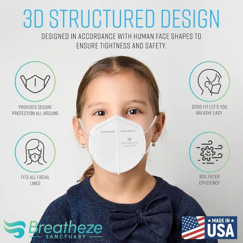 Miniatura 4 de Breatheze Máscara KN95 para niños, mascarillas KN95 para niños, registradas por la FDA, fabricadas en Estados Unidos Niños Paquete de 30 Blanco