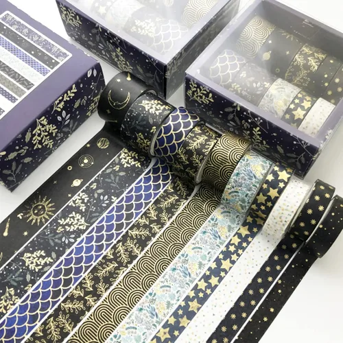 Miniatura 5 de Juego de cintas washi creativas 10 rollos de papel de aluminio dorado con estampado decorativo para manualidades, bricolaje, diarios, Mashup negro