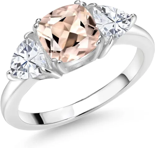 Miniatura 31 de 925 Sterling Silver Gemstone Birthstone and White Moissanite 3-Stone Engagement Ring for Women 7MM Cushion and 5MM Trillion Accents Three Stone