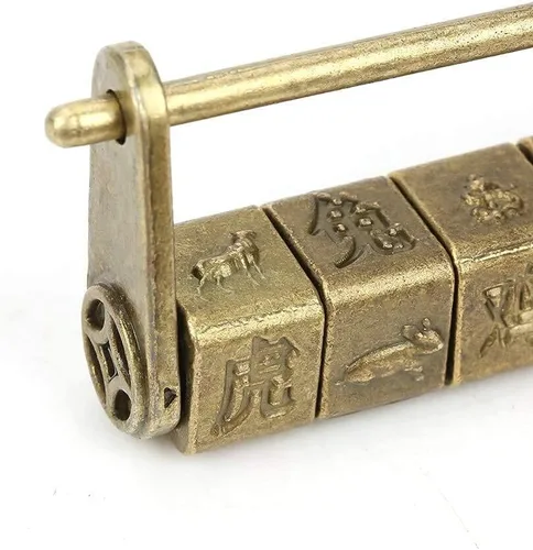 Miniatura 7 de Candado de combinación, bloqueo de código, cerradura de contraseña antigua, vintage, exquisitos personajes chinos, candado del zodiaco