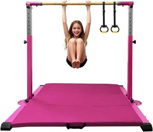 Barra de gimnasia para niñas de 3 a 15 años con anillo para equipo de entrenamiento en interiores en casa - Construcción de acero resistente,
