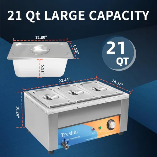Miniatura 2 de Treshin Calentador de alimentos comercial de 3 sartenes, capacidad de 21 cuartos de galón, 1200 W, de acero inoxidable, calentador de alimentos