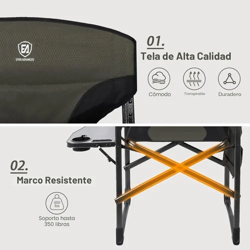 Miniatura 4 de EVER ADVANCED Sillas de director plegables ligeras para exteriores, silla de camping de aluminio con mesa auxiliar y bolsa de almacenamiento, Verde