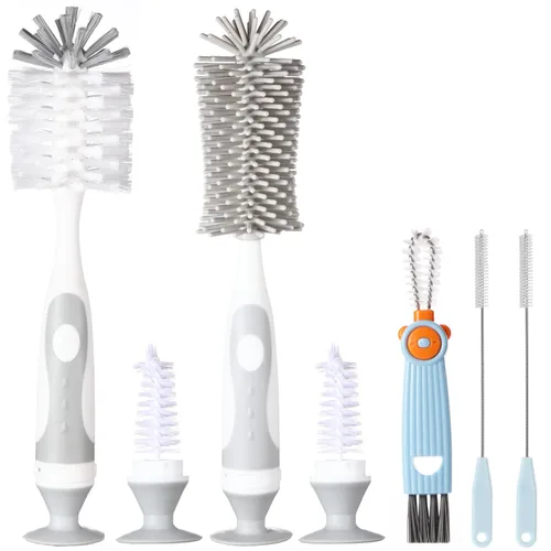 Ariseno Juego de limpiador de biberones 5 en 1, incluye cepillo de nailon y silicona para botellas, tapa, cepillo para popote y pezón, sin BPA (gris)