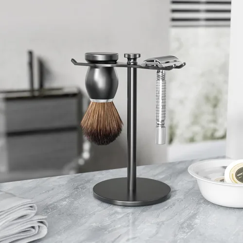 Miniatura 7 de pickpiff Soporte para Maquinilla de Afeitar de Seguridad con Portacepillos, Soporte de Afeitado de Metal Resistente Negro para Hombres, Aberturas