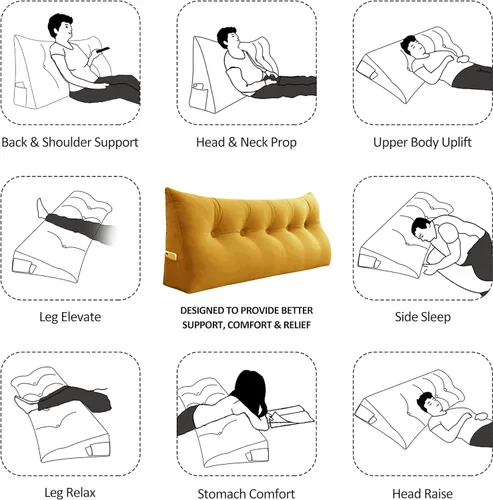 Miniatura 6 de Almohada de Cuña para Cabecero, Almohada Bolster Grande para Lectura, Almohadas para Sentarse en la Cama para Adultos, Cojín Triangular de Amarillo