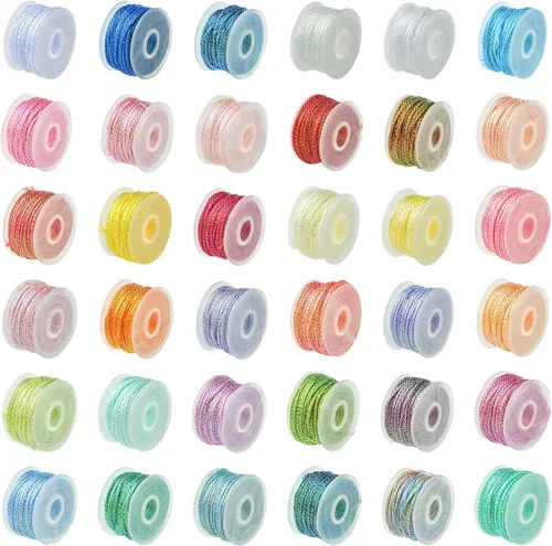 Colorful 36 Rolls 36 Colors 6-Ply Polyester Metallic Thread Rainbow Twisted Beading Cords String for DIY Jewelry Bead Bracelet Necklace Crafts Bulk