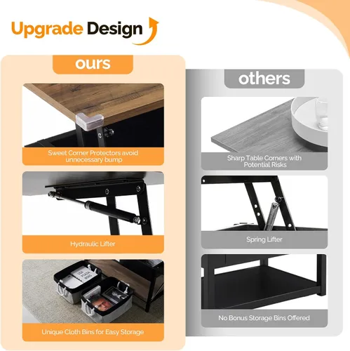 Miniatura 4 de VINGLI Mesa de centro elevable de 36" con contenedores de almacenamiento de tela gratis, mesas de centro negras rústicas de granja para sala