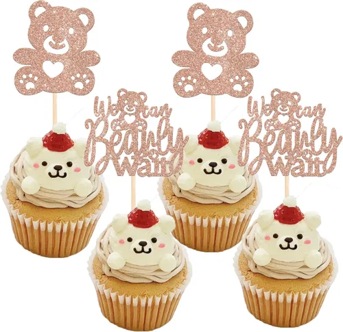 Rsstarxi Paquete de 24 Adornos para Cupcakes We Can Bearly Wait con Purpurina de Oso para Baby Shower, Palillos Decorativos para Cupcakes para