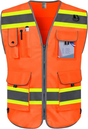 Miniatura 23 de TCCFCCT Hi Vis Chaleco de seguridad reflectante de alta visibilidad con 9 bolsillos para hombres y mujeres, chaleco de construcción con tiras