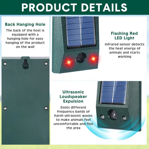 Miniatura 6 de Qualirey Repelente solar ultrasónico de animales para exteriores, dispositivos repelentes de ratones con luz estroboscópica intermitente, repelente