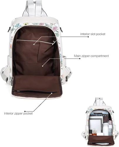 Miniatura 4 de Bromen - Mochila tipo bolso de mano de piel antirrobo para mujer a la moda, Beige floral, L