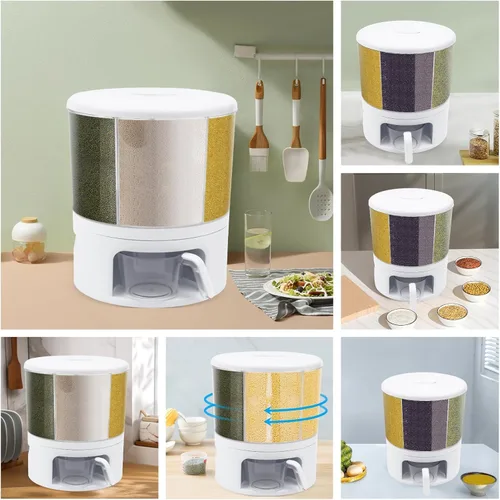 Miniatura 7 de Dispensador de cereales, Dispensador de grano giratorio de 360 ° de 6 rejillas, Dispensador de arroz transparente de tamaño de compartimento 24
