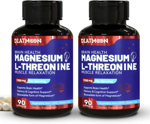 Paquete de 2 L-treonina de magnesio, suplemento de magnesio de alta absorción, 1900 mg de treonina de magnesio, sin gluten, 180 cápsulas veganas
