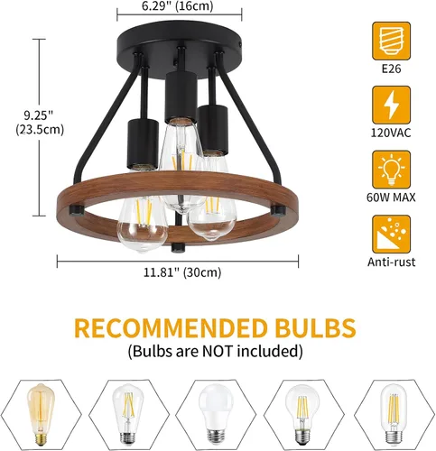 Miniatura 5 de Lámpara de techo moderna de granja de madera semiempotrada, accesorios de iluminación de pasillo y entrada, lámpara de techo industrial rústica de 3
