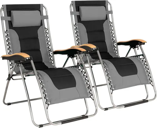 Miniatura 11 de Goplus Sillón plegable de gravedad cero, silla de patio reclinable acolchada de gran tamaño con reposabrazos de haya y almohada para la cabeza