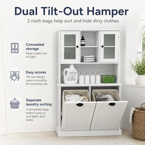 Miniatura 7 de Cesto de Ropa Sucia Alto con Puertas Dobles Abatibles, Gabinetes Grandes de Almacenamiento Extraíbles para Cuarto de Lavado, Gabinete de Baño