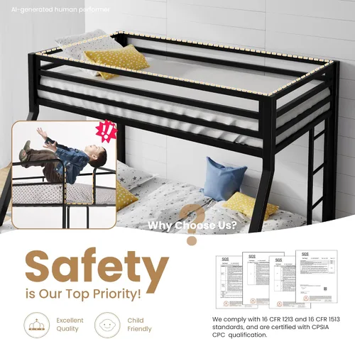 Miniatura 5 de SHA CERLIN Litera tipo loft de tamaño Twin sobre Full con escalera y barandilla, listones de metal resistente, no necesita somier, muebles Negro