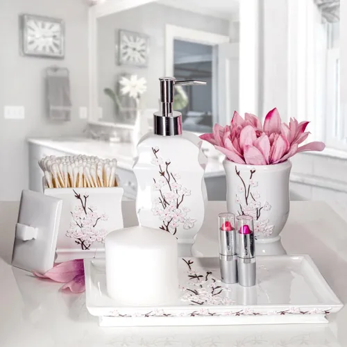 Miniatura 8 de Creative Scents Vanda - Juego de accesorios de baño blanco con flor de cerezo, juego de 4 dispensadores de jabón de baño floral incluye: dispensador