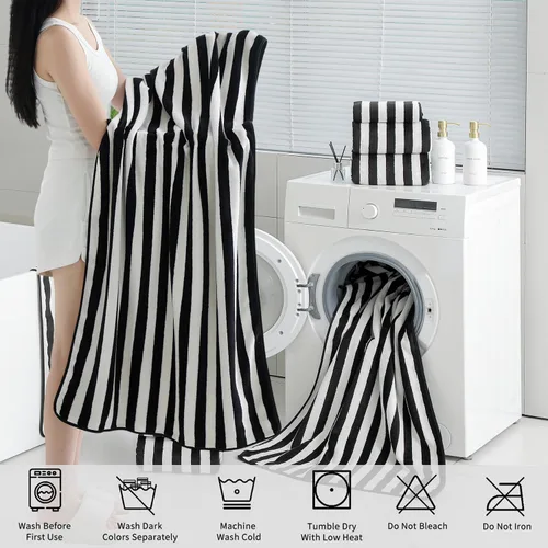 Miniatura 6 de Juego de 18 toallas de baño de rayas color blanco y negro con lazo para colgar, 6 toallas de baño, 6 toallas de mano, 6 toallas familiares, juego