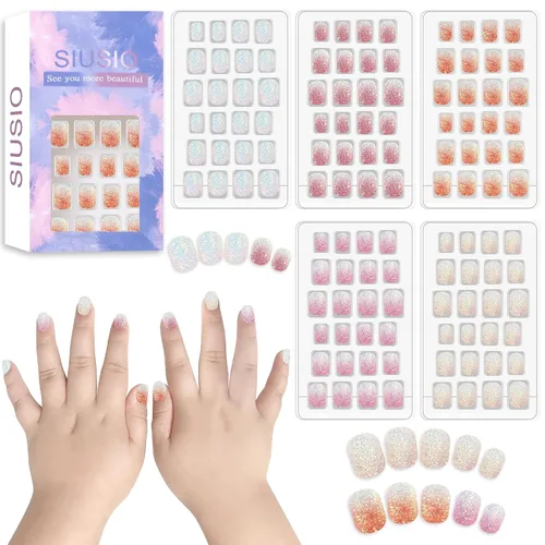Miniatura 16 de 120 unidades de 5 uñas postizas acrílicas a presión para niños, lindo prepegamento de cubierta completa con purpurina, color degradado, arcoíris