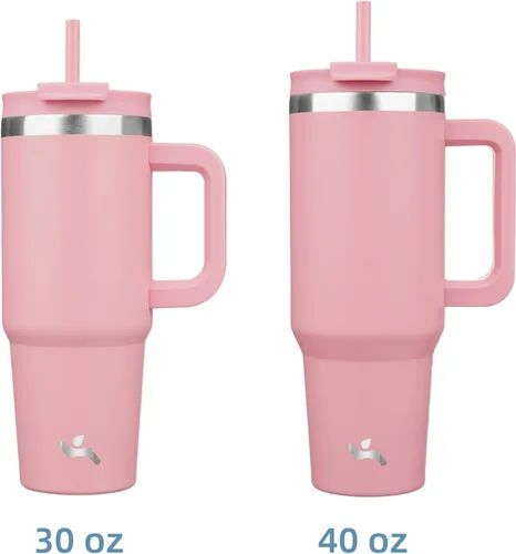 Miniatura 3 de Konokyo - Vaso de 40 onzas con asa y 2 pajillas, botella de agua aislada 2 en 1 con tapa. Taza de viaje de acero inoxidable para café, rosa