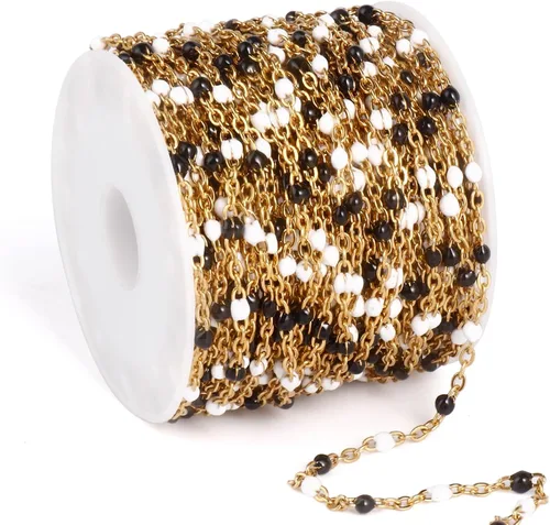 Miniatura 11 de Cadenas de esmalte dorado de 33 pies a granel, 2 mm, chapadas en oro de 18 quilates con PVD, acero inoxidable 304, cadena de eslabones con cuentas