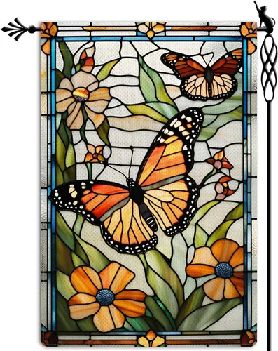 Miniatura 8 de Bandera de jardín de mariposa para primavera y verano, floral, bandera de jardín, vertical, de doble cara, rústica, arpillera, patio, césped