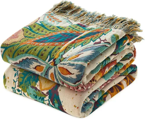 Miniatura 28 de Cobija para cama de estilo bohemio, 100 % algodón, ultra suave, edredón rústico, cobija de otoño, estampado floral, cobija grande rústica para sofá