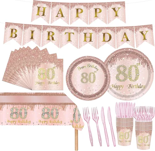 Miniatura 7 de 98 platos para fiesta de cumpleaños n.° 80, suministros para fiesta de cumpleaños de 80 años, decoraciones de fiesta de 80 cumpleaños para mujeres