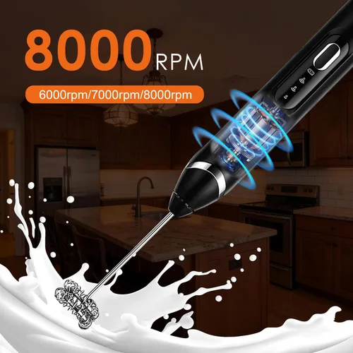 Miniatura 4 de Espumador de leche de mano con soporte, varita espumadora de café recargable con 3 cabezales desmontables de acero inoxidable, mezclador eléctrico