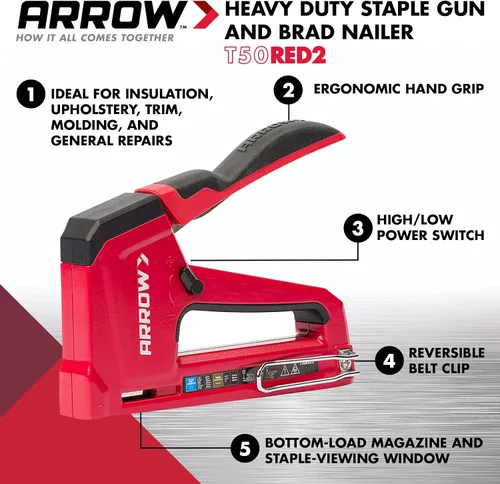 Miniatura 2 de Arrow T50RED2 - Pistola de grapas manual 2 en 1 y clavadora de clavos para tapicería, marco, aislamiento, manualidades y muebles, rojo