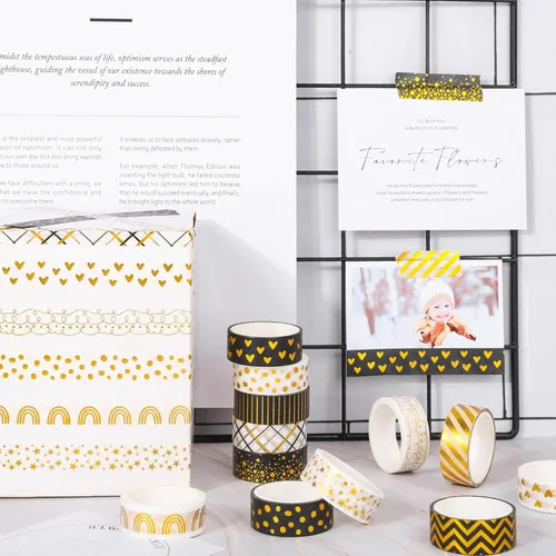 Miniatura 5 de Whaline Juego de 12 rollos de cinta washi con patrón de lámina dorada, cinta adhesiva con corazón, punto, raya arcoíris, juego de cintas decorativas